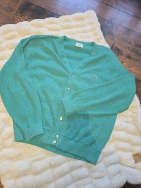 Vintage Lacoste V-Neck Button Cardigan [Medium] Teal Green Men VINTAGE WEAR